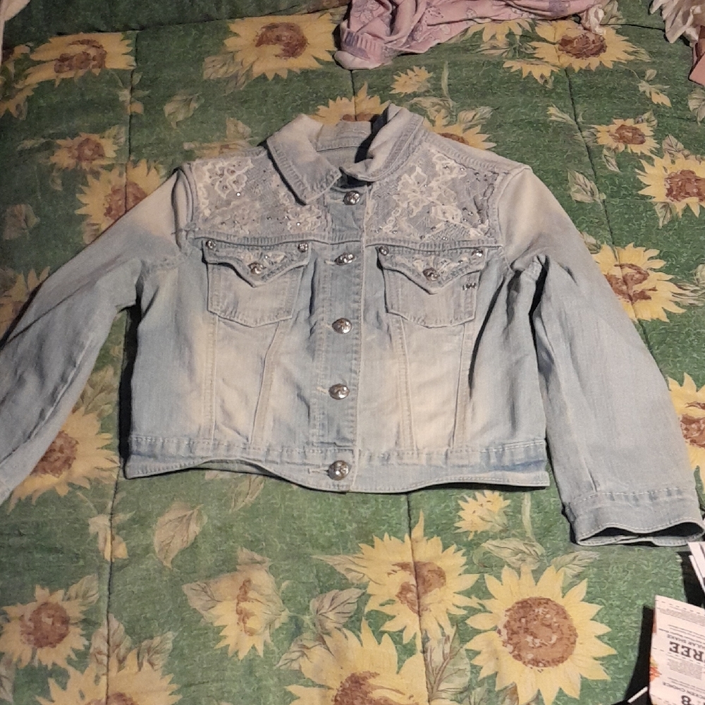 Miss Me Light Blue Jean Jacket with Lace Accents